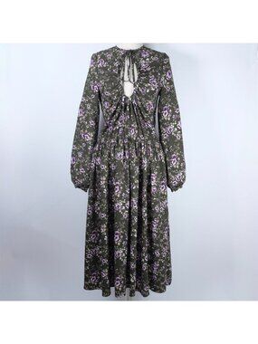 ROCHAS long dress maxi 44 US Large green floral long sleeves keyhole 2019